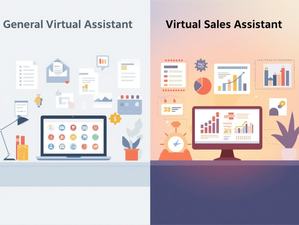 Comparison chart of general virtual assistant vs specialized virtual sales assistant responsibilities