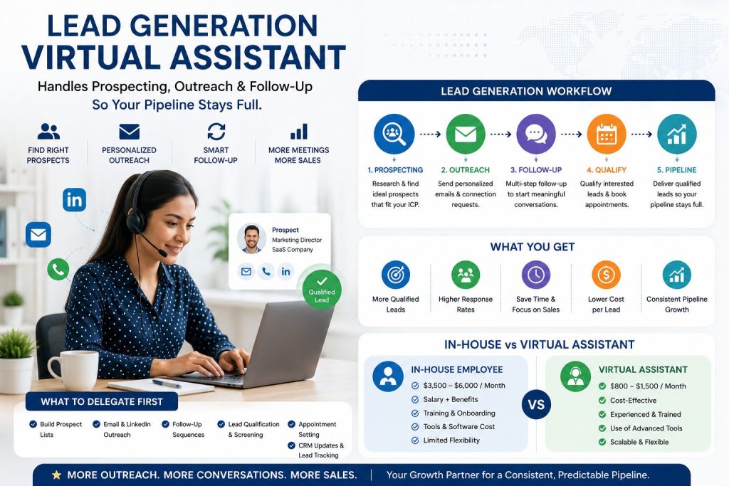 A lead generation virtual assistant handles prospecting, outreach & follow-up so your pipeline stays full. See the full workflow and what to delegate first.