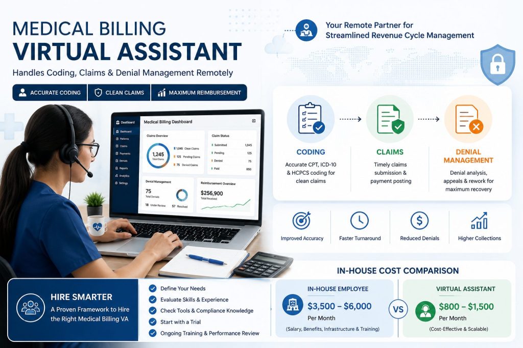 A medical billing virtual assistant handles coding, claims & denial management remotely. See the full task list, hiring framework, and in-house cost comparison.