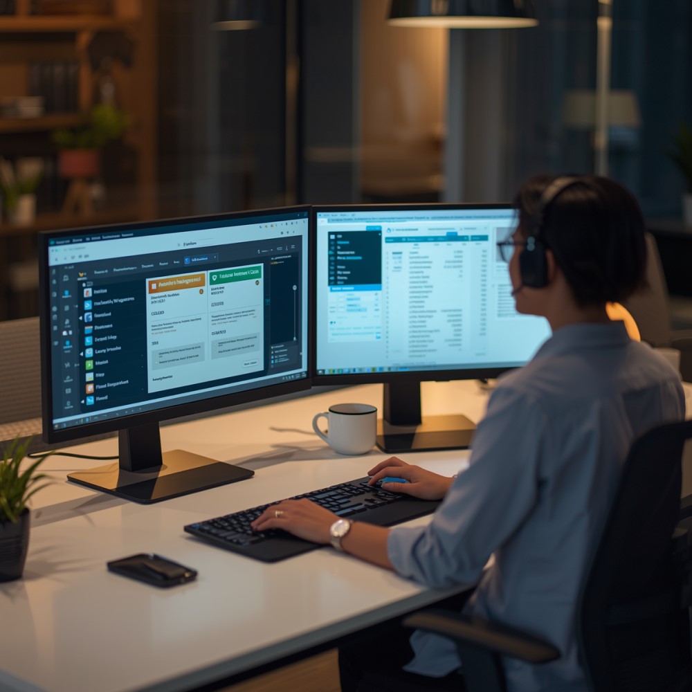 A professional virtual assistant working at a clean desk with dual monitors